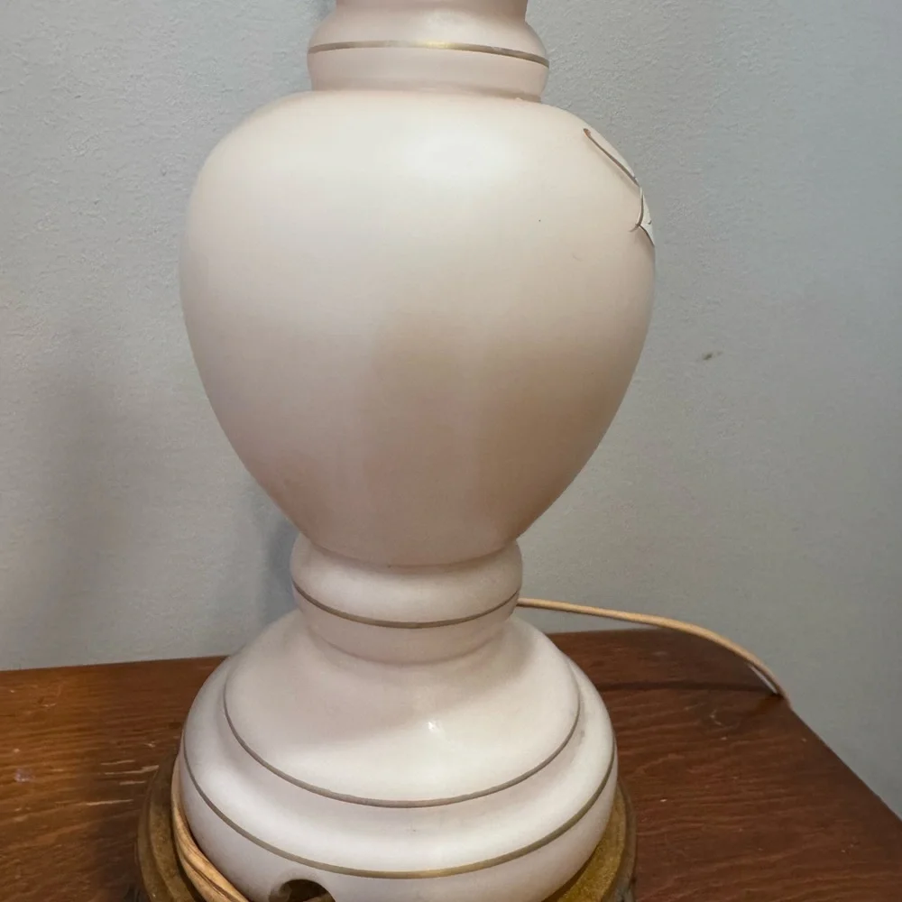 Vintage Painted Pink Glass Floral Lamp Pair With Brass Feet WORKING 21” x 5”